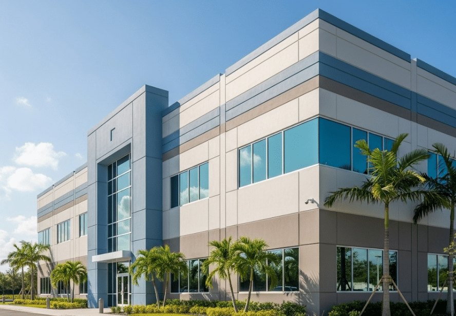 Large Florida office building exterior with insulated siding panels, clean lines, and professional finish