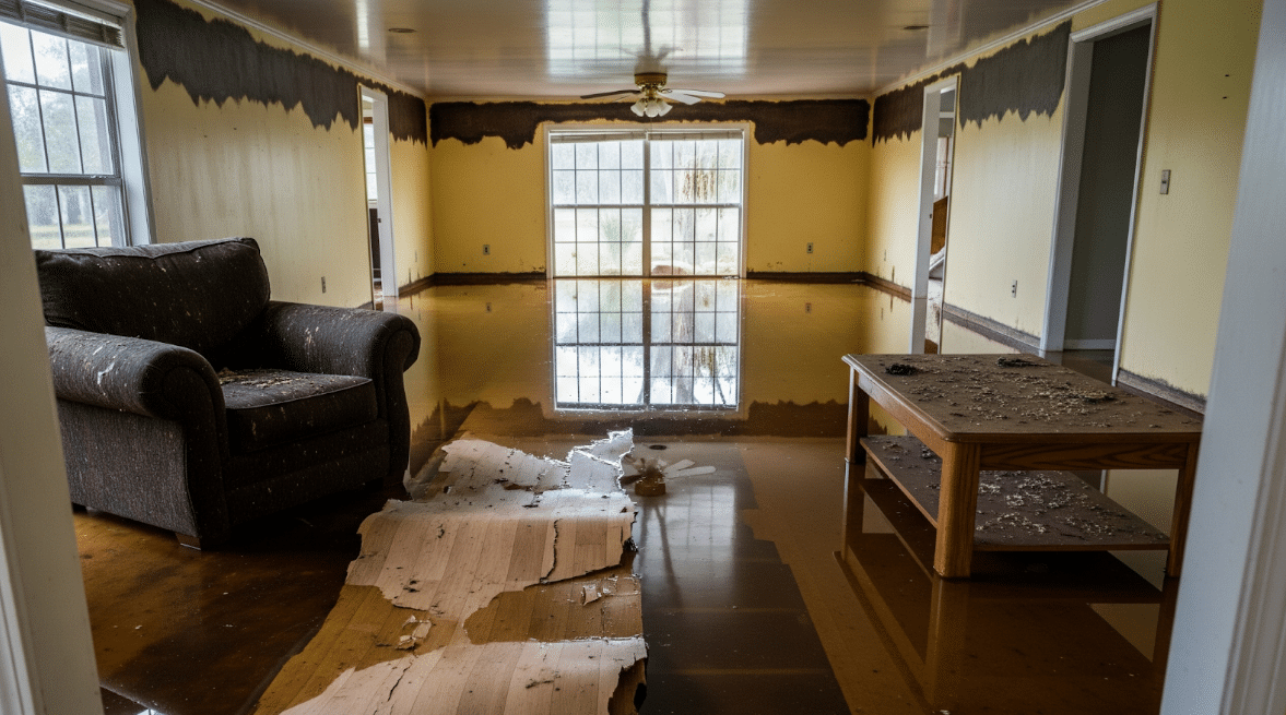 flooded property showing standing water and warped flooring