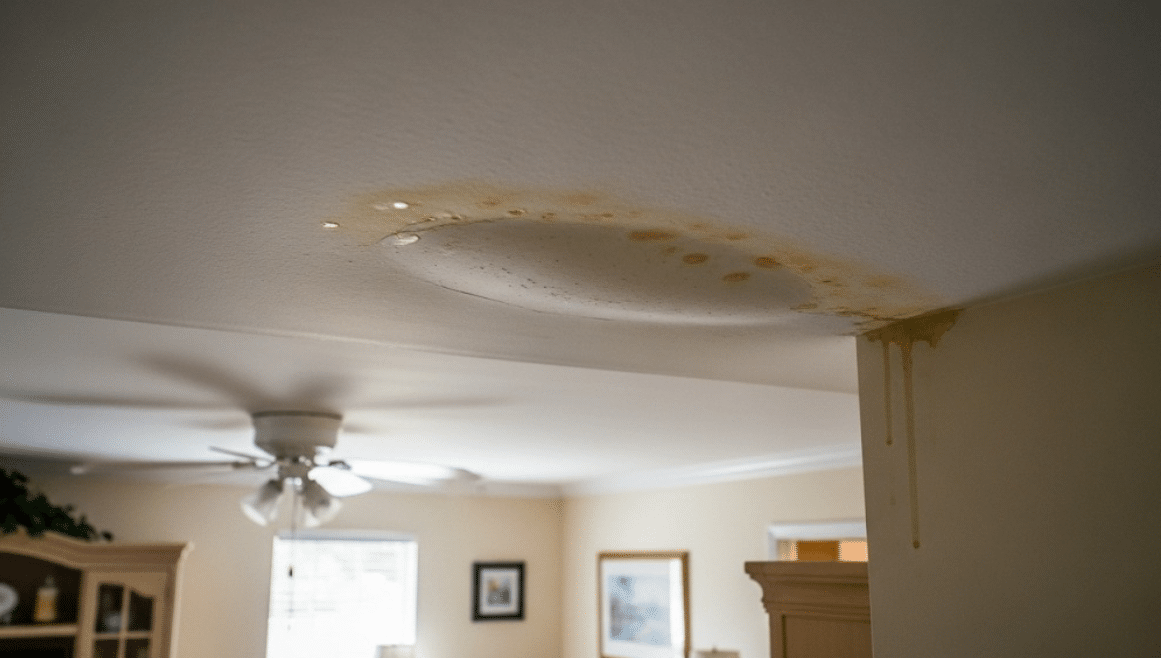 Water-stained ceiling in a Florida property after heavy rain intrusion
