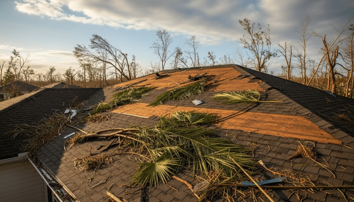 Damaged roof with missing shingles and exposed plywood after a hurricane, requiring Panama City general contractors