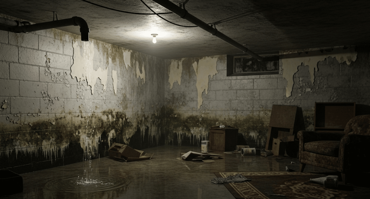 basement in need of water damage restoration in Tampa after flooding, showing standing water and damaged walls requiring Water Damage Restoration in Tampa & Gulf Coast Communities