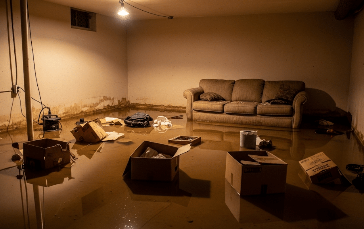 flooded residential basement in Tampa with standing water on the floor