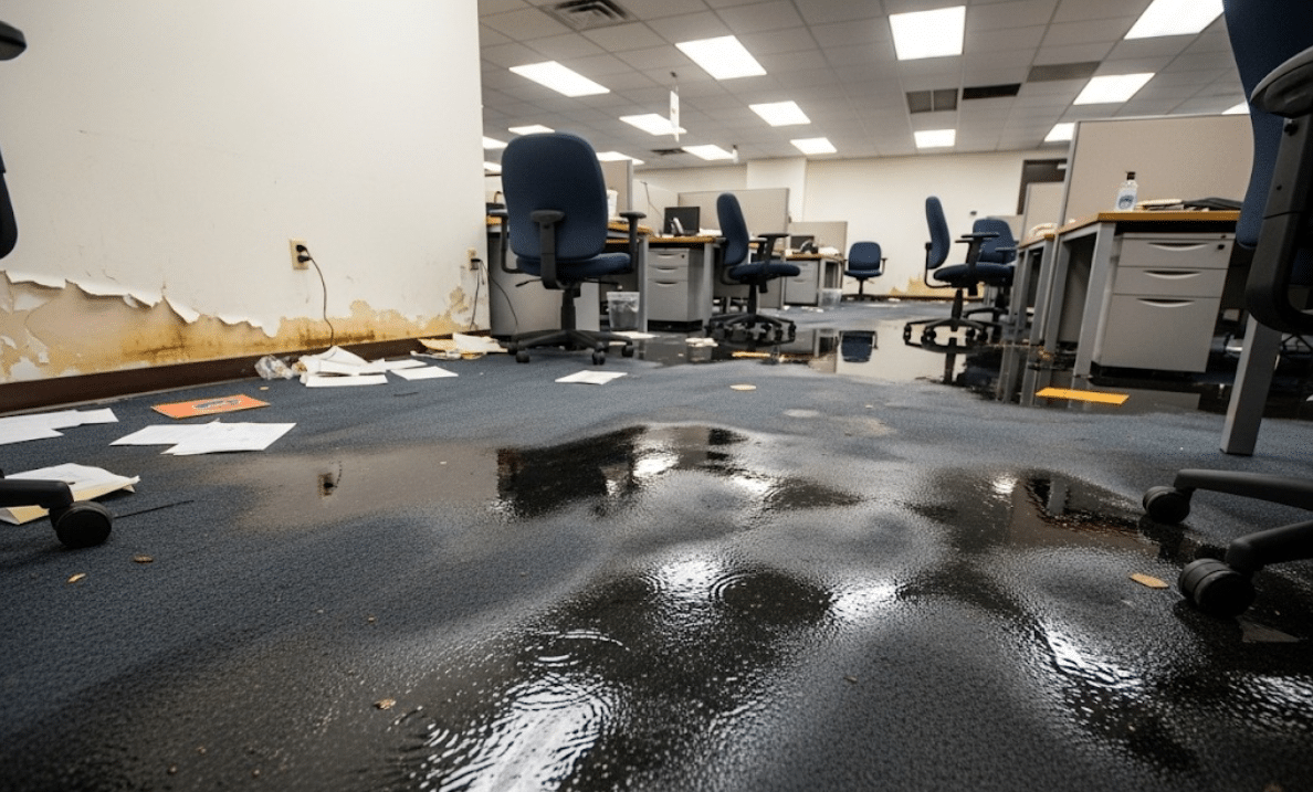 Carpet soaked with water in a Clearwater office space after storm flooding