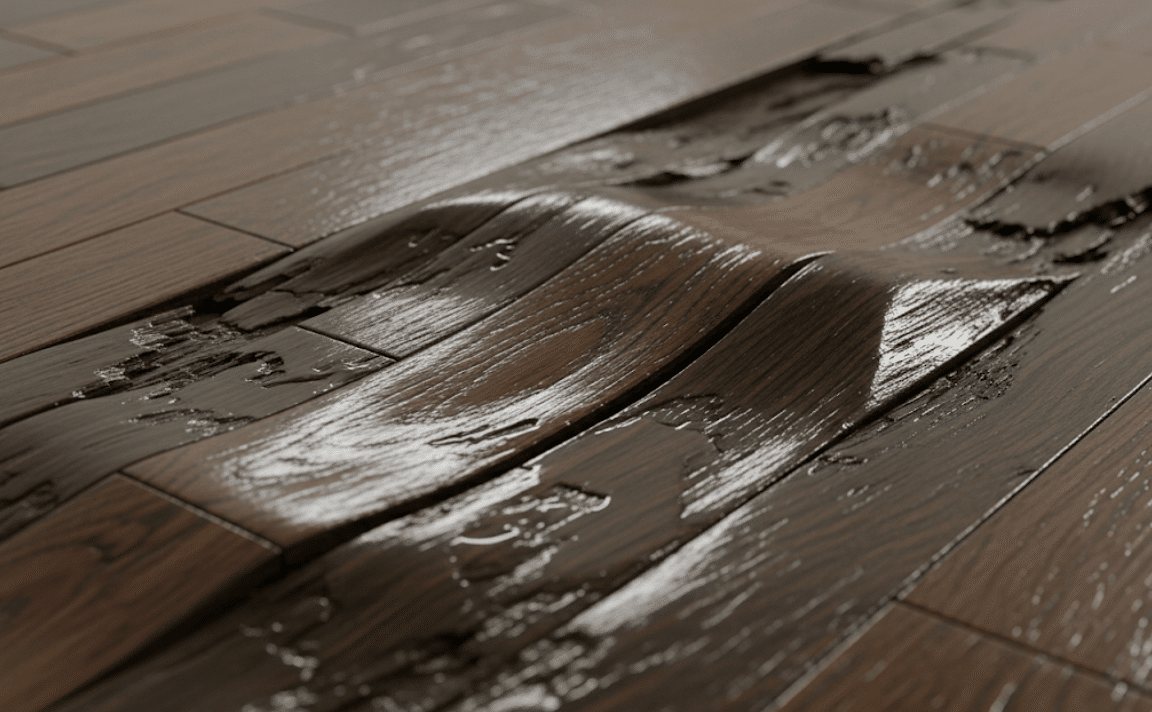 close-up of soaked hardwood flooring beginning to warp from water intrusion