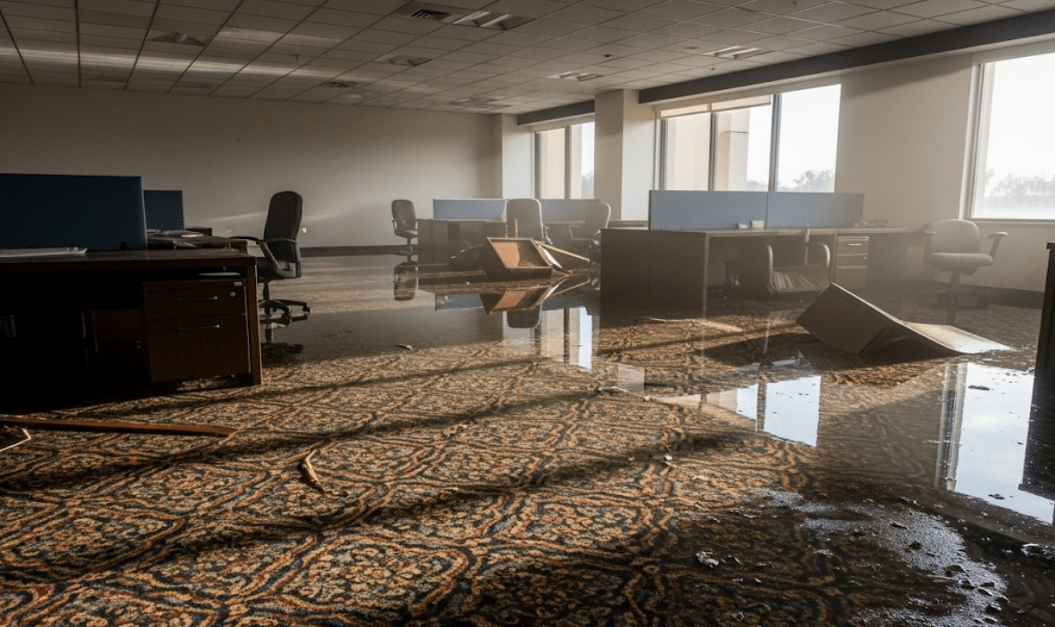 Carpet soaked with water in a Clearwater office space after storm flooding