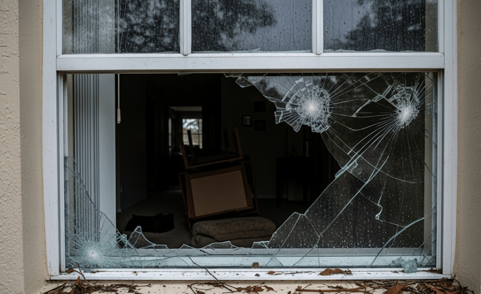 storm-damaged window
