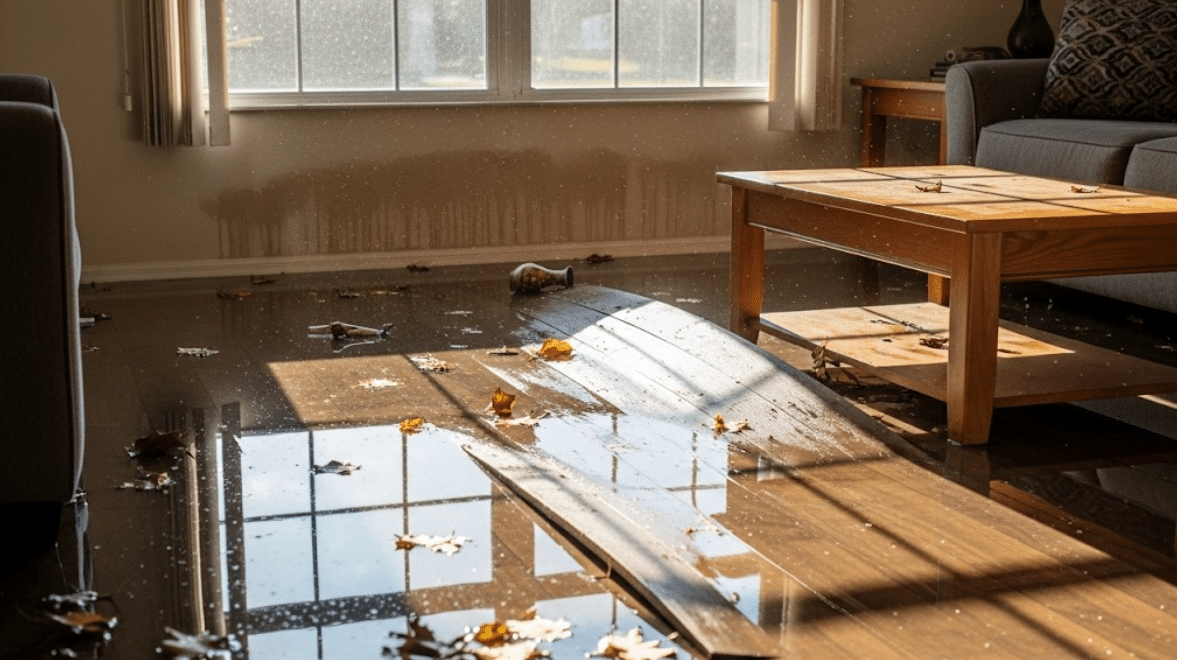 Flooded interior of a Florida property showing standing water and damaged flooring