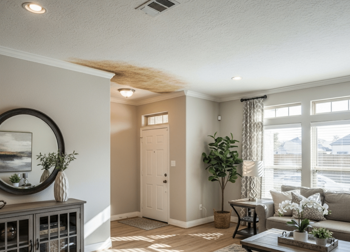house showing water stains on ceiling from roof leak