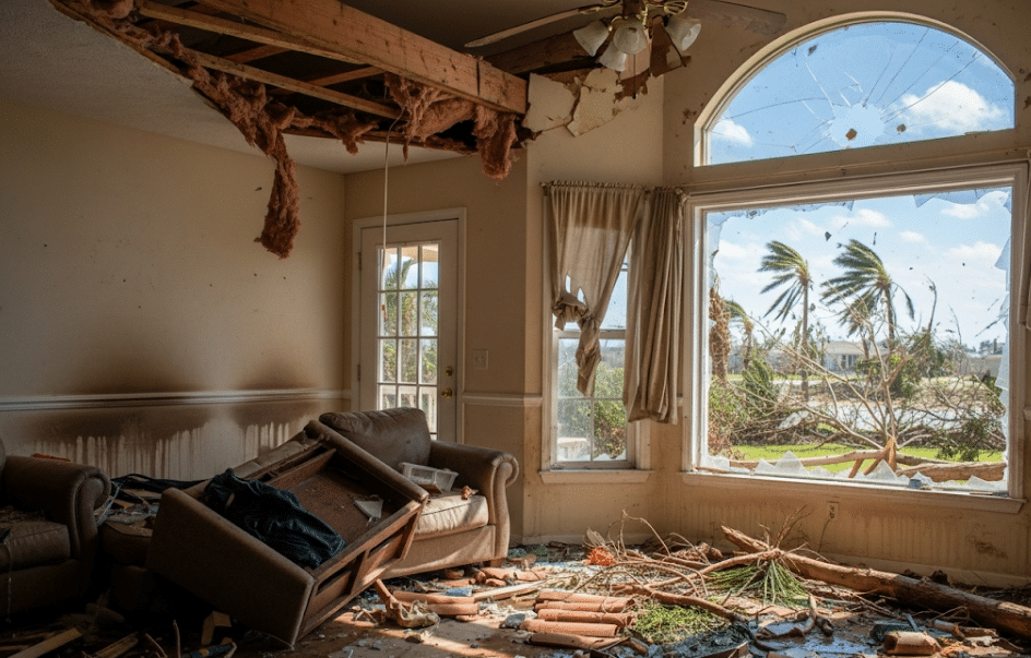 room damaged by natural disaster