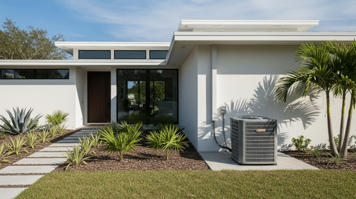 a modern home exterior with a central AC unit in need of St. Petersburg air conditioning repair