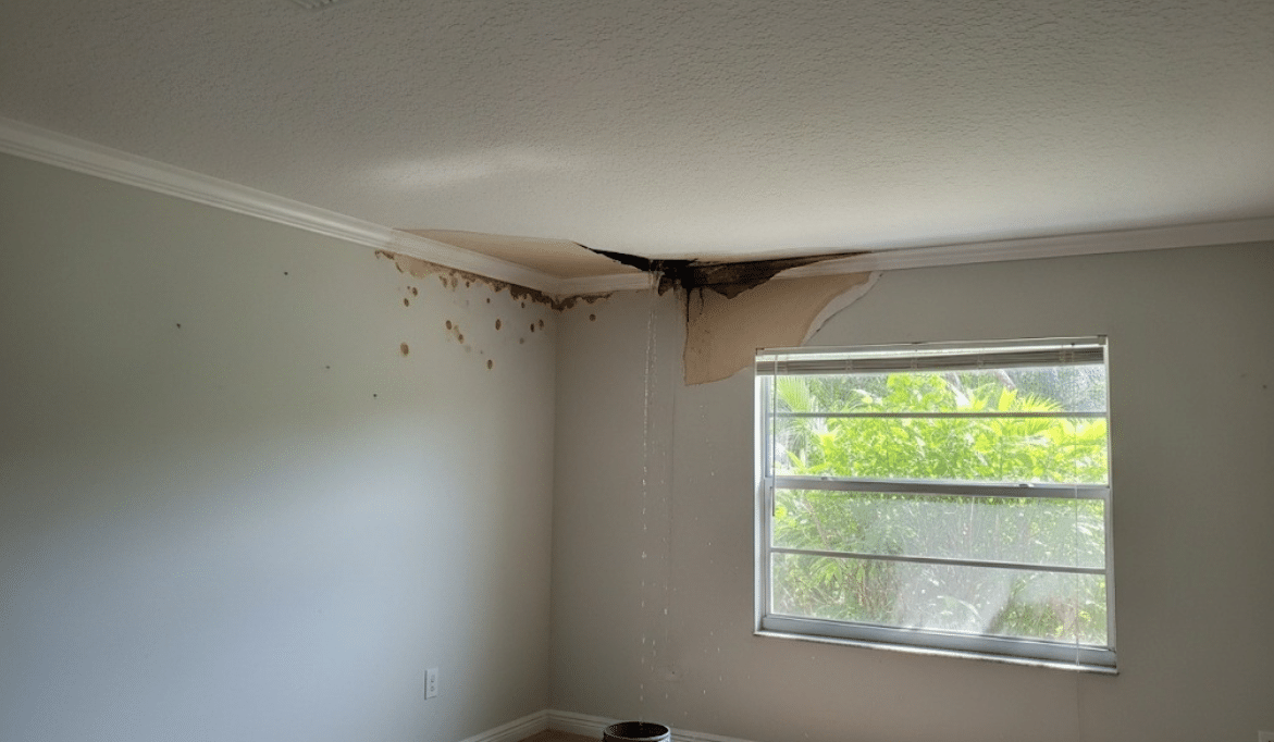 Florida property with roof leak causing water spots and sagging ceiling