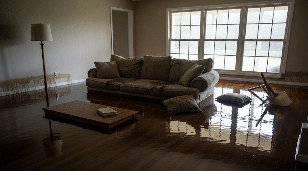 flooded living room, prompting the need for water damage restoration in Clearwater