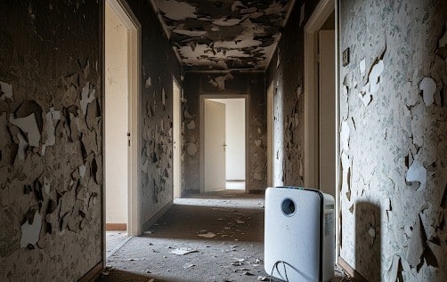 Smoke-stained hallway with soot on walls and ceiling