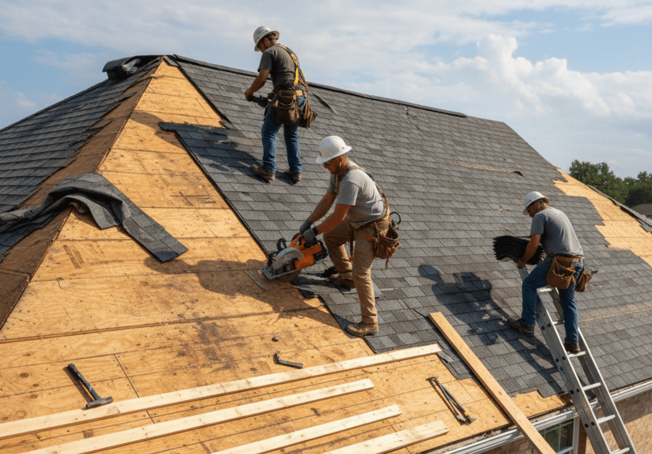 Construction workers rebuilding a storm-damaged roof with fresh shingles and lumber.