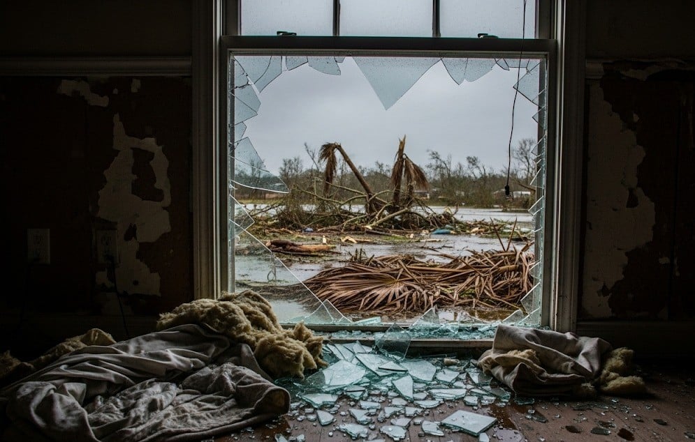 Broken window glass with debris scattered inside a Louisiana property after a storm