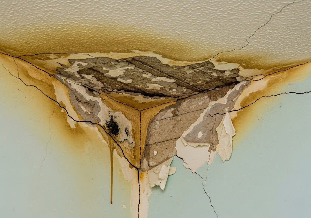 moisture-damaged ceiling corner with water stains in a Florida property.