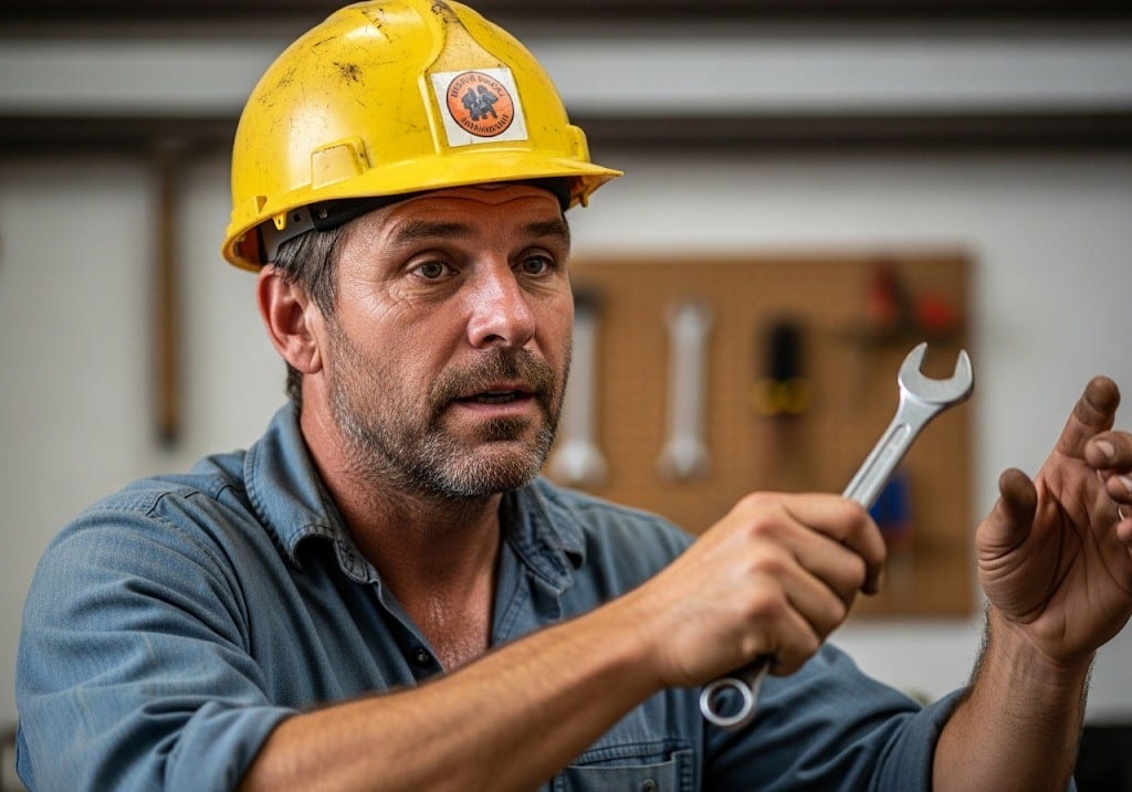 man in hard hat holding wrench