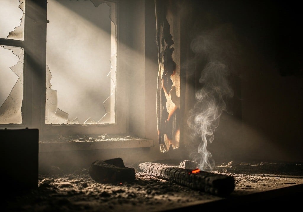 Sunlight streams through a broken window into a smoky, debris-filled room with a smoldering log on the floor, suggesting fire damage.