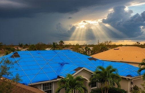 Roof tarping secured over missing shingles on a house requiring help from emergency restoration in Tampa