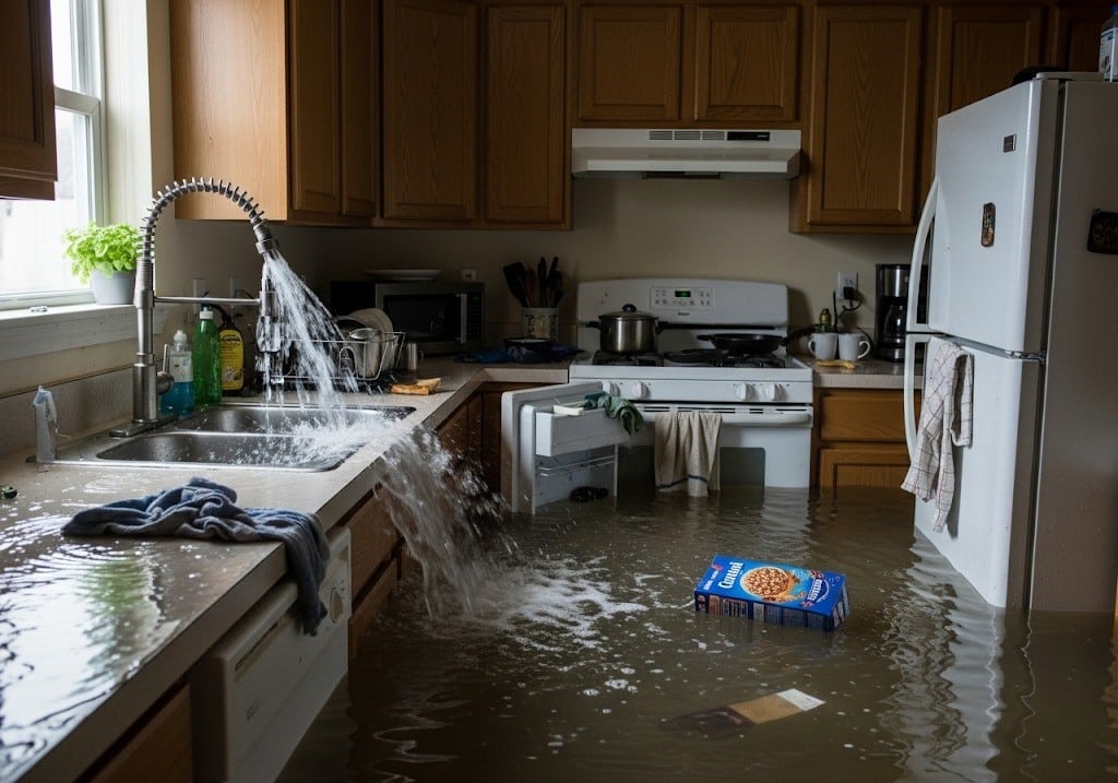 flooded kitchen, highlighting need for help from general contractors in Clearwater
