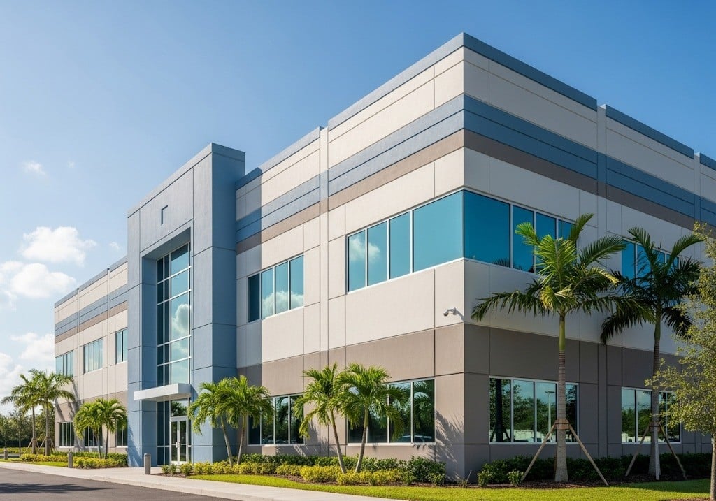 Large Florida office building exterior with insulated siding panels, clean lines, and professional finish