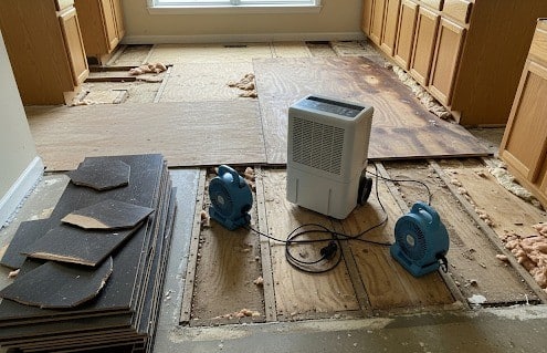 Kitchen subfloor exposed after water damage
