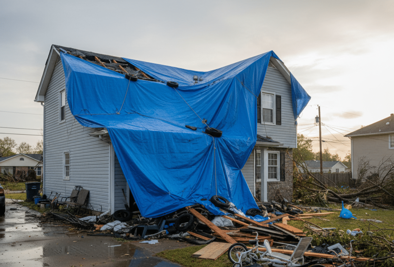 A storm-damaged residential roof covered with a blue tarp, debris scattered on the ground, representing the need for emergency response experts
