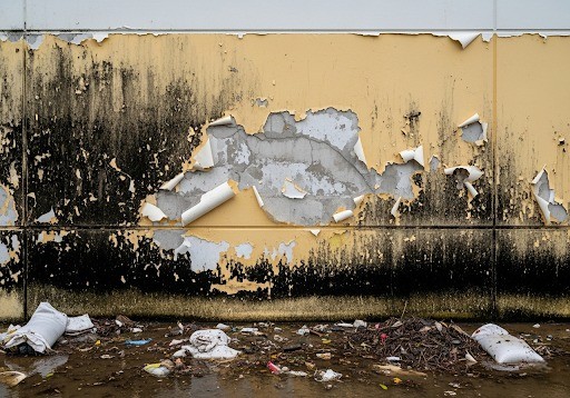 Commercial building wall with mold and peeling paint after storm flooding in Tampa