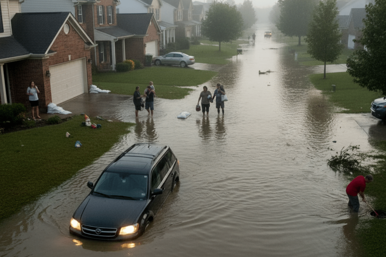 Flooded street in a suburban neighborhood with water up to driveways, showing the urgency of water damage response
