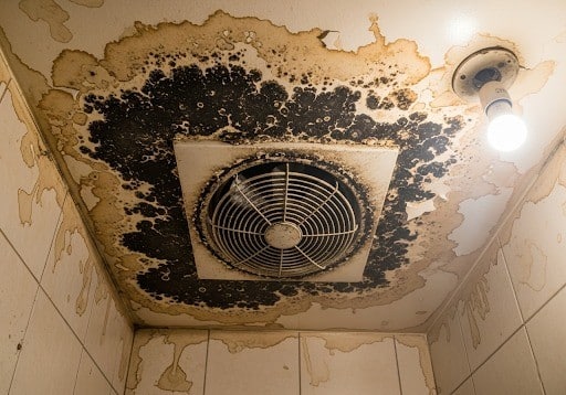 Bathroom ceiling with mold patches near an exhaust fan