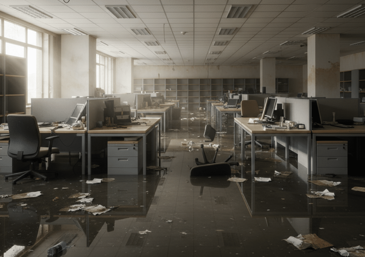 Flooded office interior with desks and chairs surrounded by standing water, before restoration