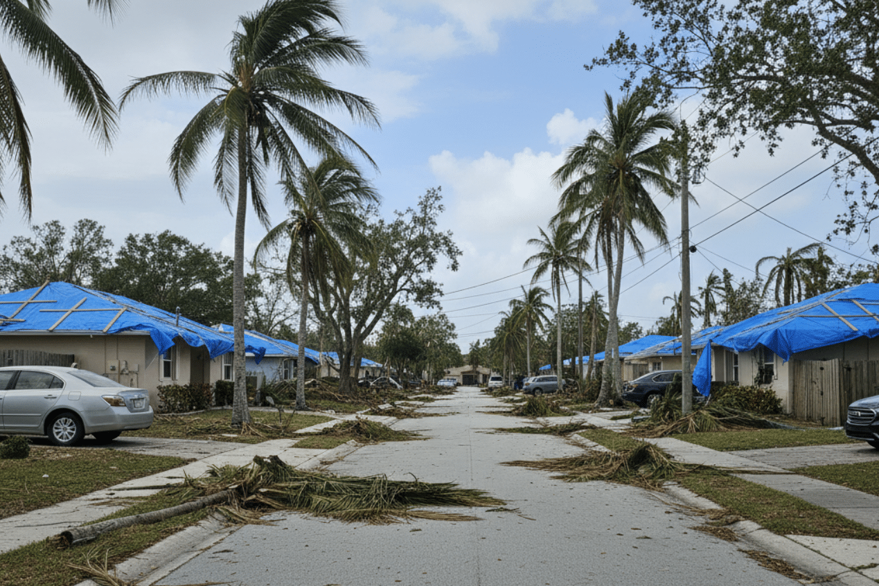A neighborhood street in Florida with palm trees and homes showing roof tarps after a hurricane