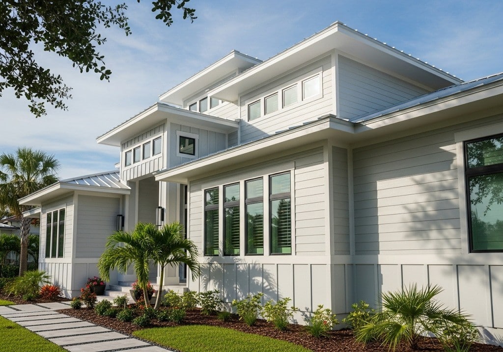 Modern Florida home exterior with freshly installed fiber cement siding, representing siding installation in Tampa