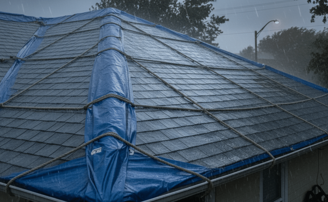A tarp covering a roof to prevent further water intrusion during a storm.