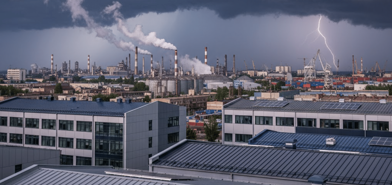 storm clouds forming over industrial area