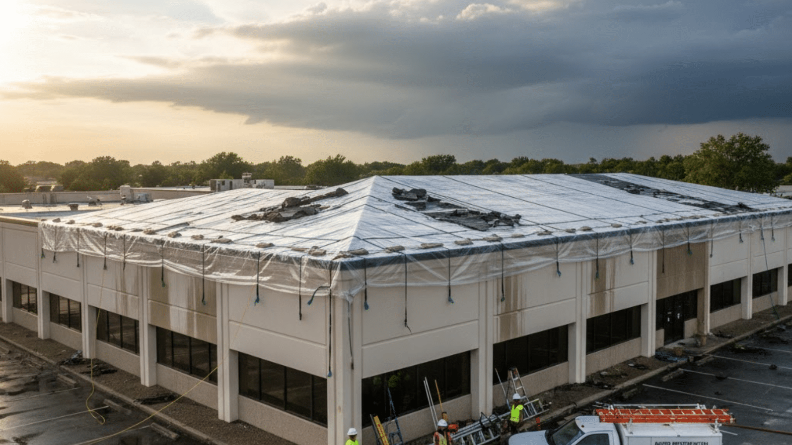 commercial property with clear tarping over a roof section