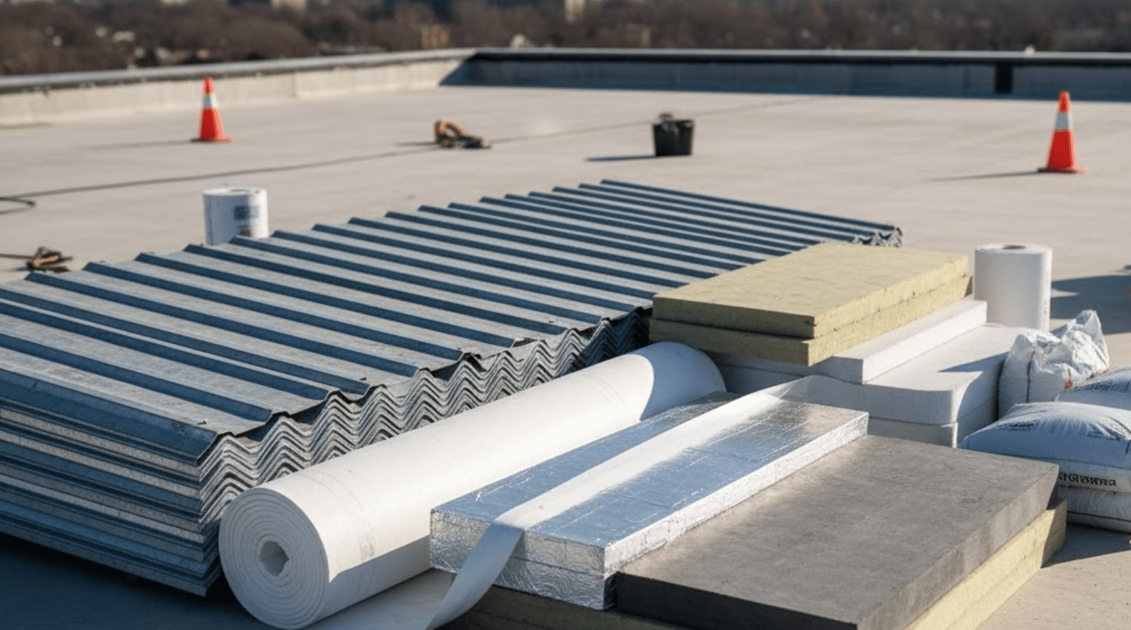 roofing materials arranged neatly on a construction surface for a commercial roofing project