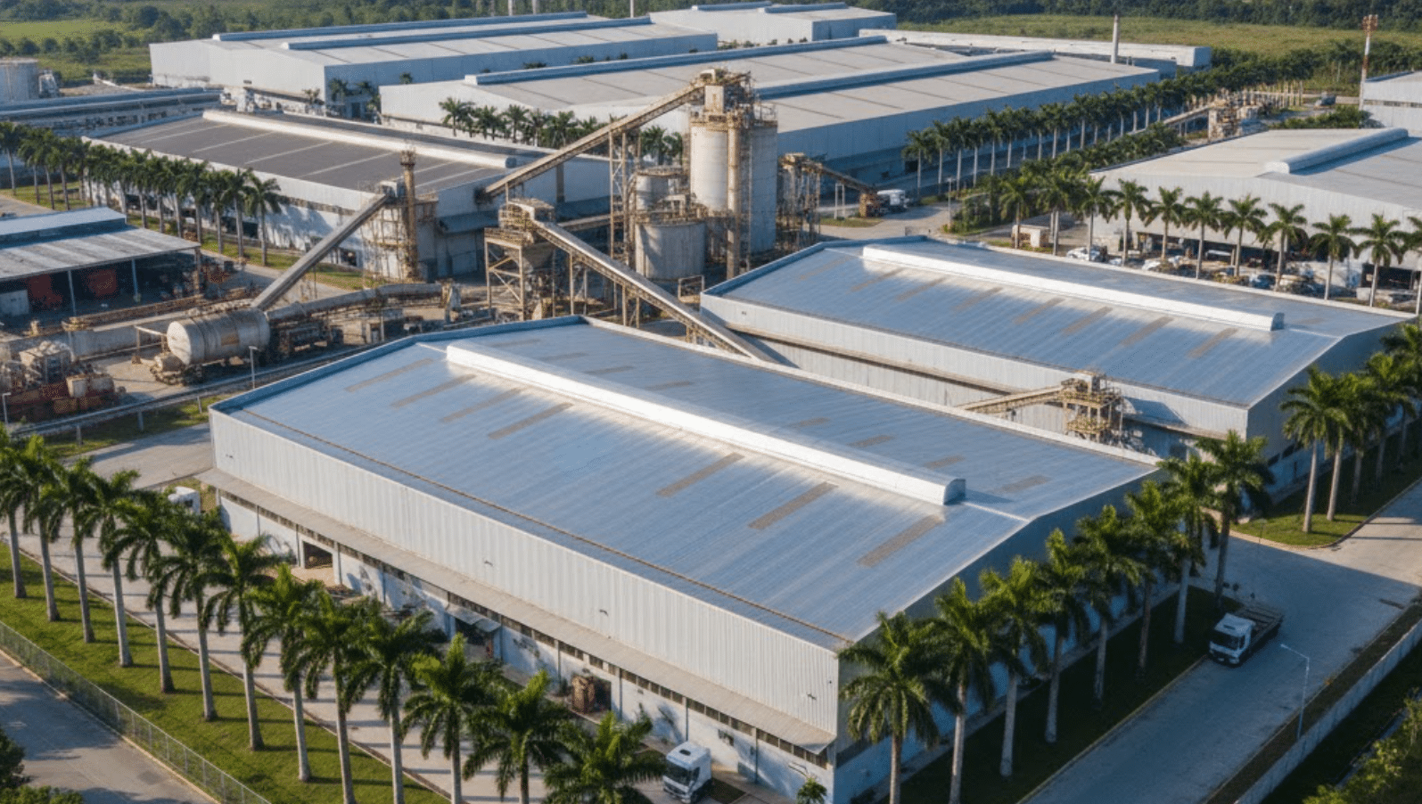 factory complex with reflective PVC roofing, surrounded by palm trees and industrial equipment