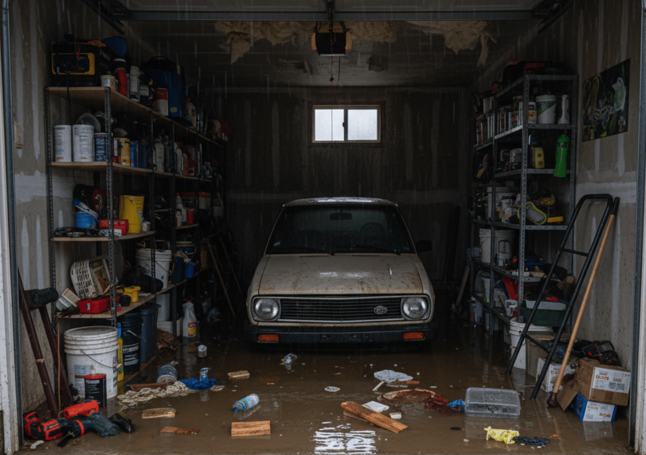 garage flooded with water from a storm