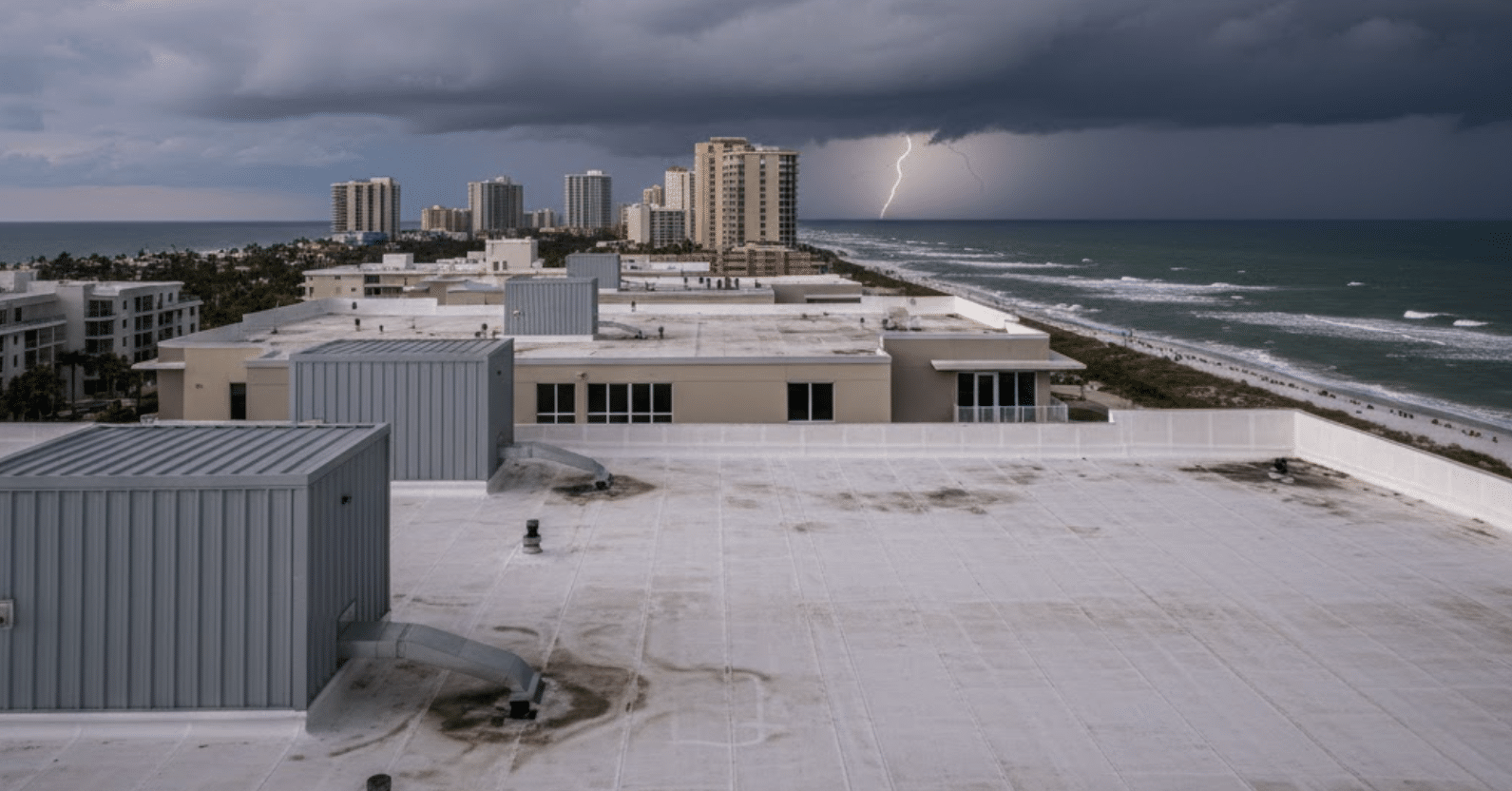 storm clouds gathering over Clearwater’s coastal skyline with strong, durable flat roofs in the foreground