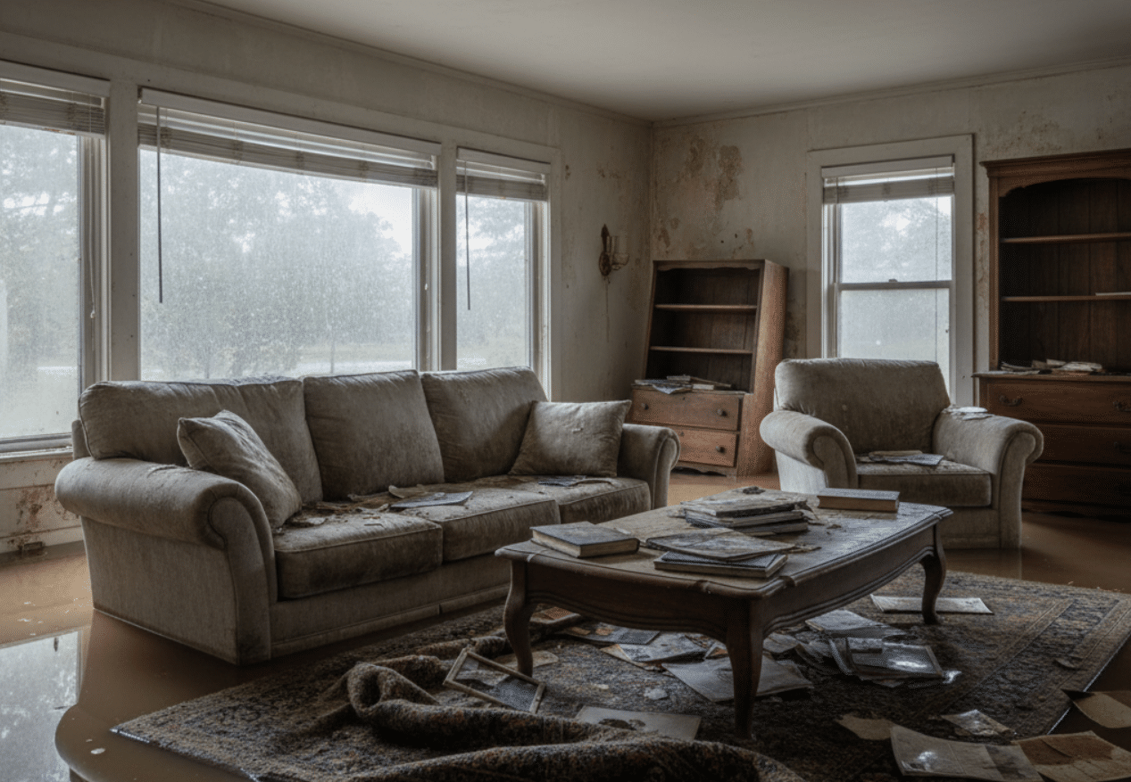 Water-damaged furniture in a flooded area