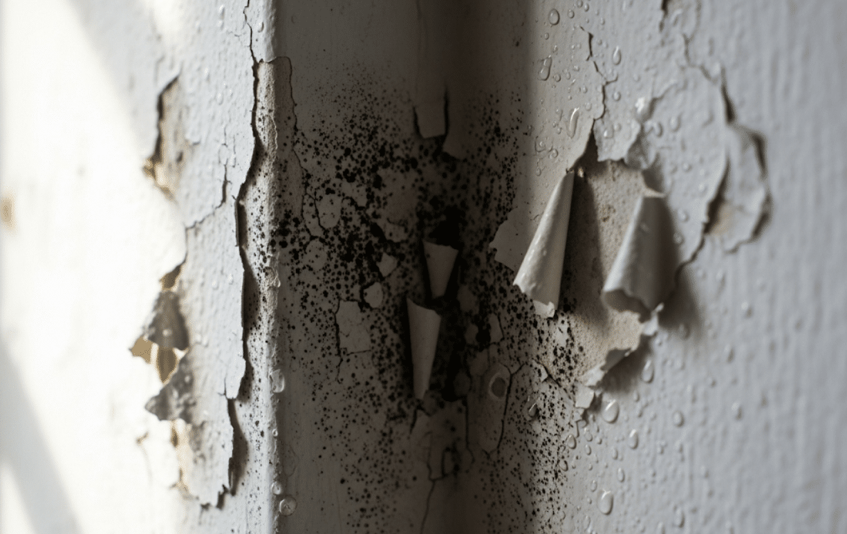 Mold growth on a damp interior wall corner with peeling paint