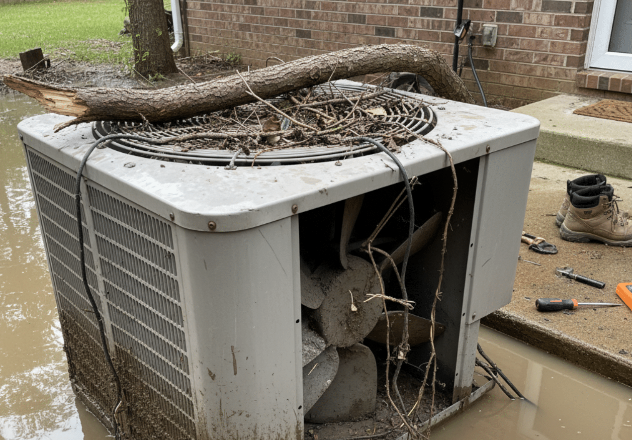 HVAC unit damaged by water, requiring emergency repair after a storm