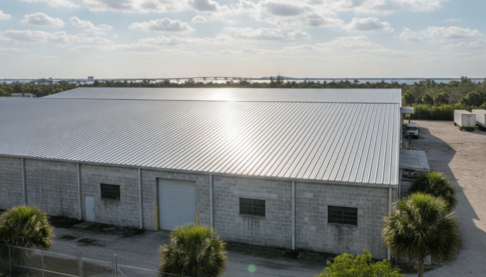large industrial warehouse with a new corrugated metal roof