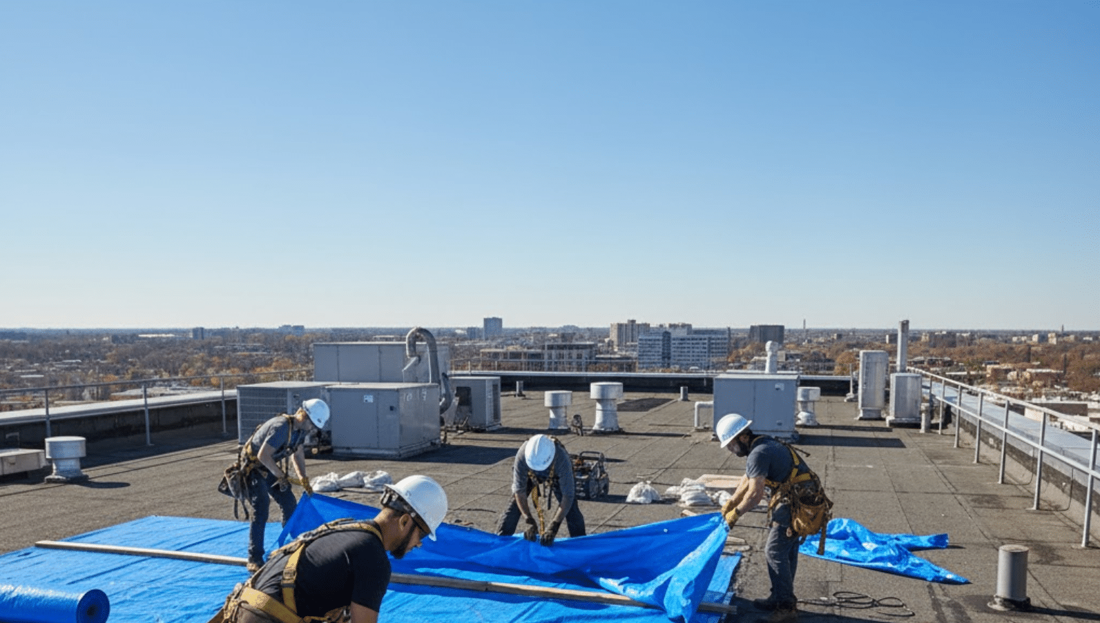 emergency tarping operation on a commercial building's roof