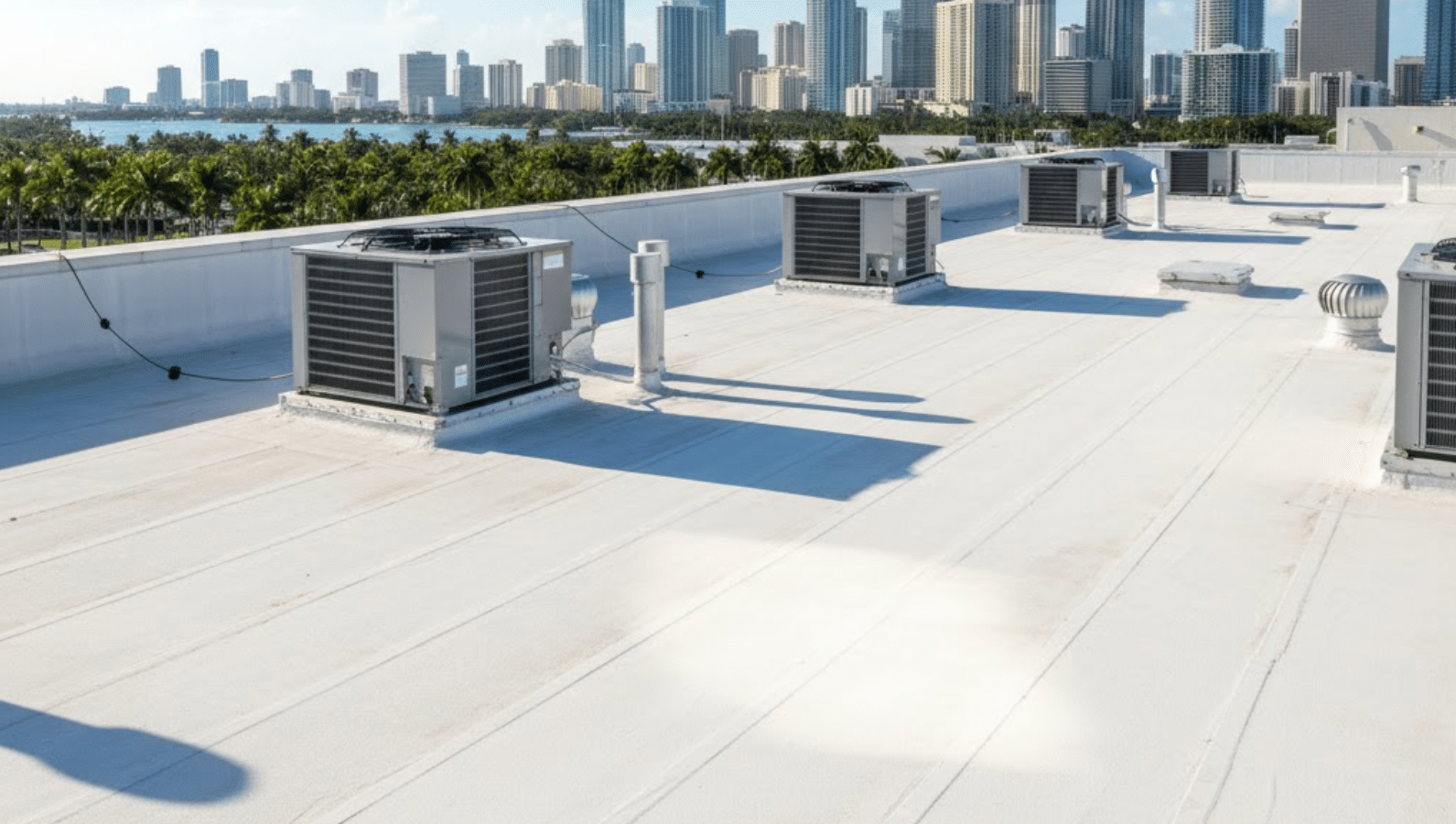commercial building's roof, showcasing durable, reflective TPO roofing with bright sunlight shining down, symbolizing Miami commercial roofing
