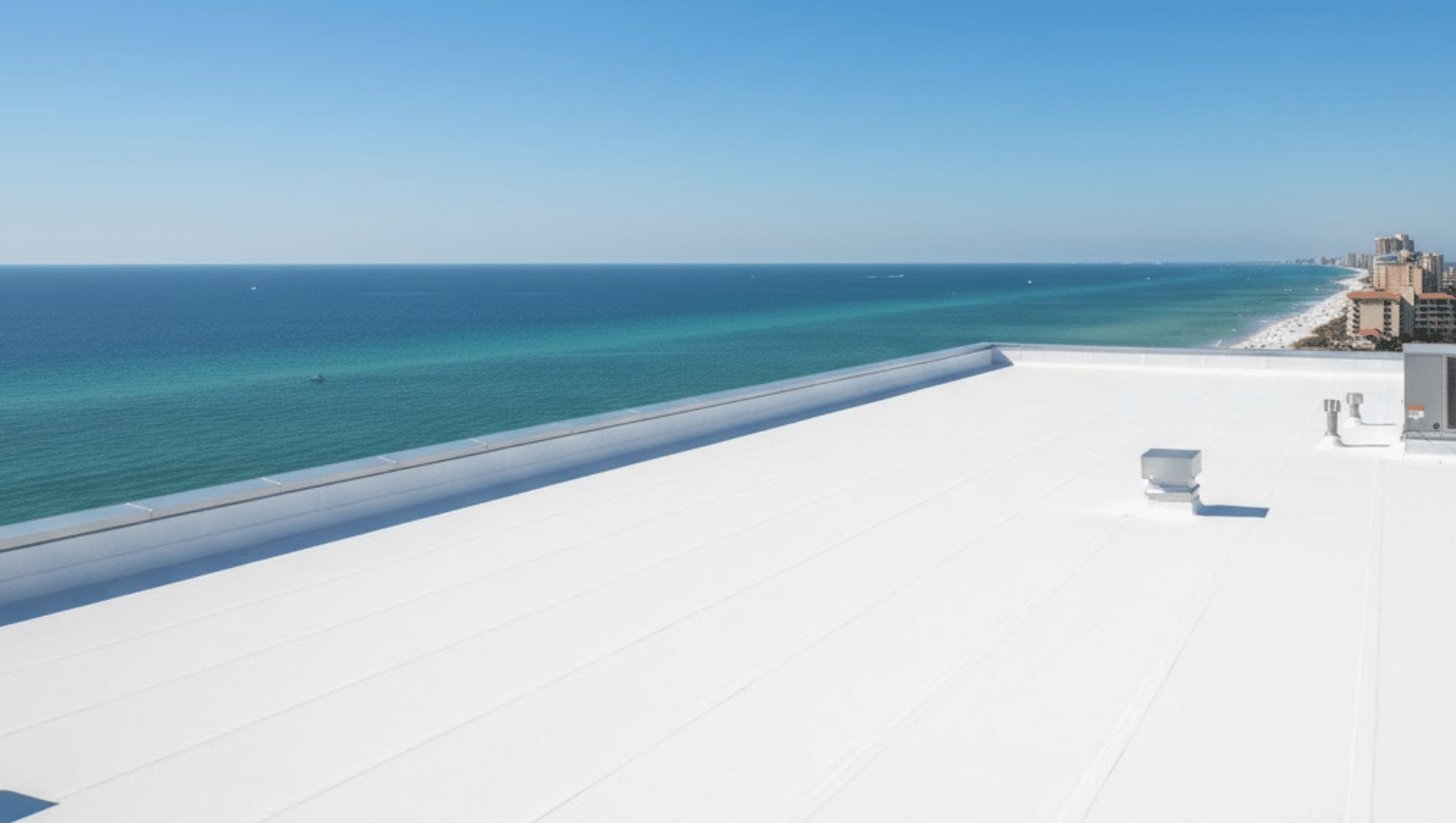 a flat commercial roof in Clearwater, Florida, overlooking the Gulf, representing flat roof repair Clearwater