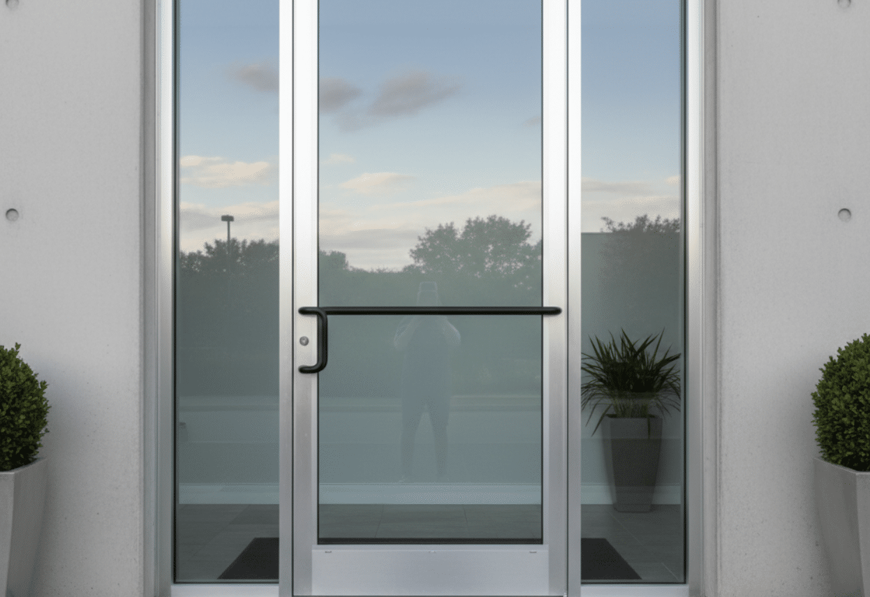 restored business entrance door with clean glass and polished frame