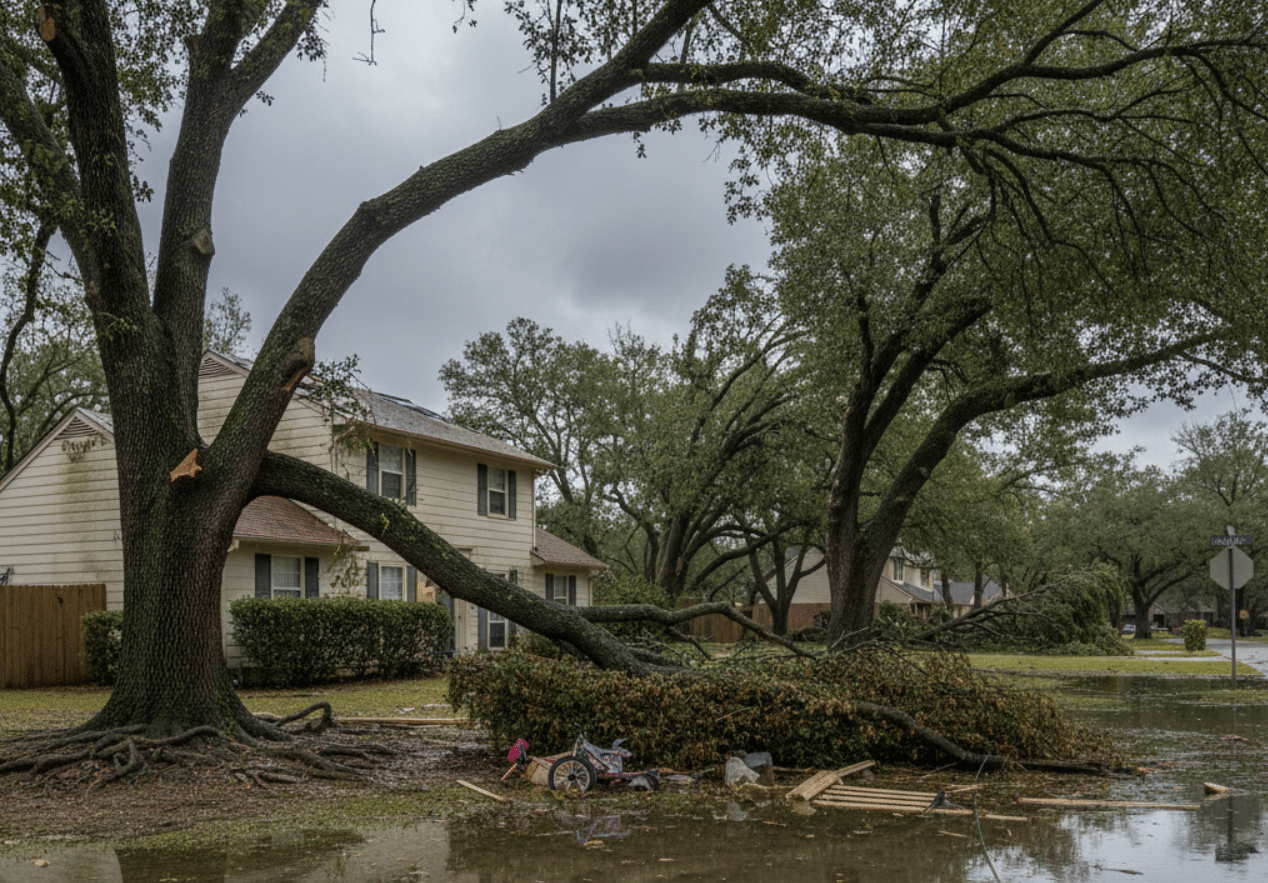 Standing water outside a home with nearby trees and shrubs damaged by a storm
