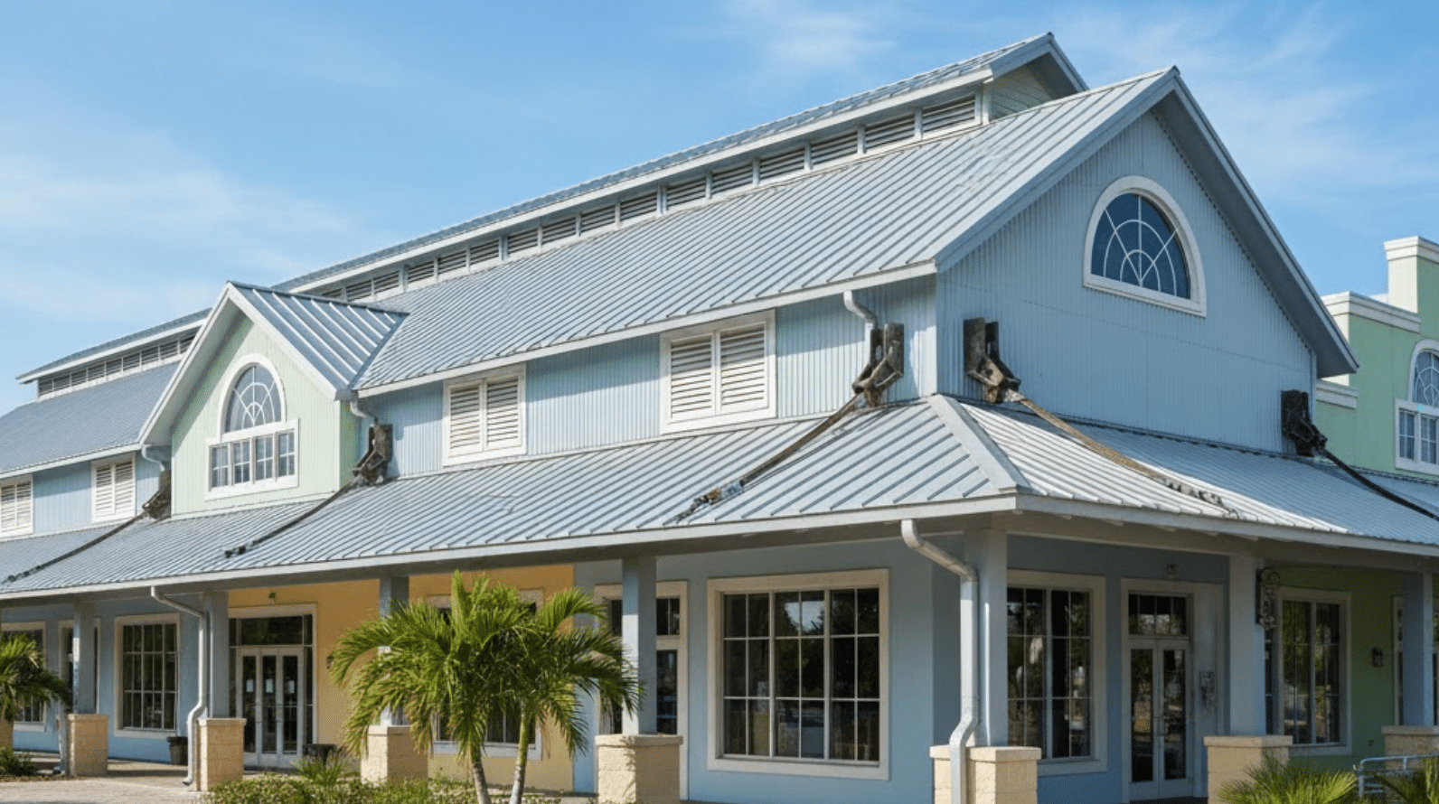 retail complex with a storm-resistant roof system